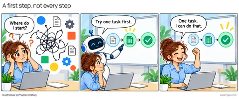 Illustrative framed comic: A founder faces a tangle of generic software symbols. A robot reduces the task to three steps. The founder celebrates a clearer starting point. The founder asks where to start; the robot suggests trying one task first.