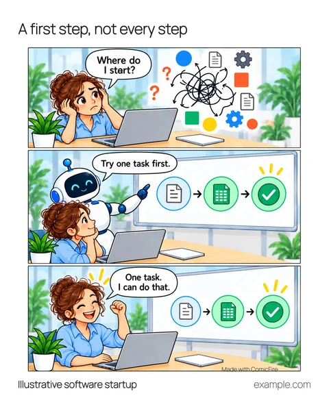 Illustrative 4:5 adaptation: A founder faces a tangle of generic software symbols. A robot reduces the task to three steps. The founder celebrates a clearer starting point. The founder asks where to start; the robot suggests trying one task first.