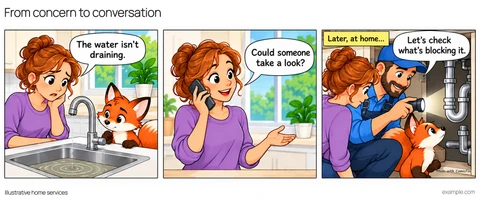 Illustrative framed comic: A homeowner and fox notice standing water in a sink. The homeowner makes a call. A professional inspects the pipe with a torch. The homeowner calls for help with a blocked sink; a professional checks it later.