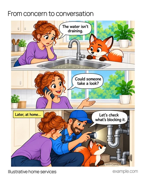 Illustrative 4:5 adaptation: A homeowner and fox notice standing water in a sink. The homeowner makes a call. A professional inspects the pipe with a torch. The homeowner calls for help with a blocked sink; a professional checks it later.
