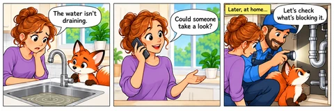 Illustrative comic: A homeowner and fox notice standing water in a sink. The homeowner makes a call. A professional inspects the pipe with a torch. The homeowner calls for help with a blocked sink; a professional checks it later.
