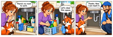 Illustrative comic: The homeowner notices a crowded cupboard, moves the contents into a basket with the fox, and welcomes the professional to the cleared space. The fox suggests clearing the space so the professional can reach it.