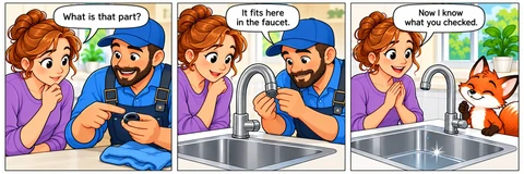Illustrative comic: A professional shows the homeowner a faucet part, demonstrates a check, and leaves the homeowner and fox looking at the sink. The professional explains where the faucet part fits, helping the homeowner understand the check.