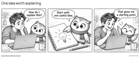 Illustrative framed comic: A founder looks puzzled at a laptop. An owl points to a lightbulb sketch in a notebook. The founder and owl smile together. The owl suggests starting with one useful idea.