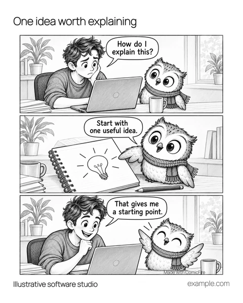Illustrative 4:5 adaptation: A founder looks puzzled at a laptop. An owl points to a lightbulb sketch in a notebook. The founder and owl smile together. The owl suggests starting with one useful idea.