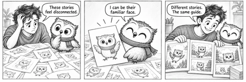 Illustrative comic: The founder considers scattered sketches. The owl presents its own character drawing. They assemble a page of owl stories. The owl offers to be a familiar face connecting different stories.