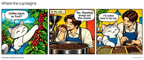 Illustrative framed comic: The cat examines coffee cherries on a plant. The owner smells roasted beans. Together they choose beans at the counter. The cat discovers that coffee starts as fruit and notices the aroma of roasted beans.