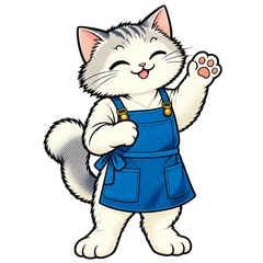 Mocha, an illustrated mascot: a gray-and-white cat in a blue apron.