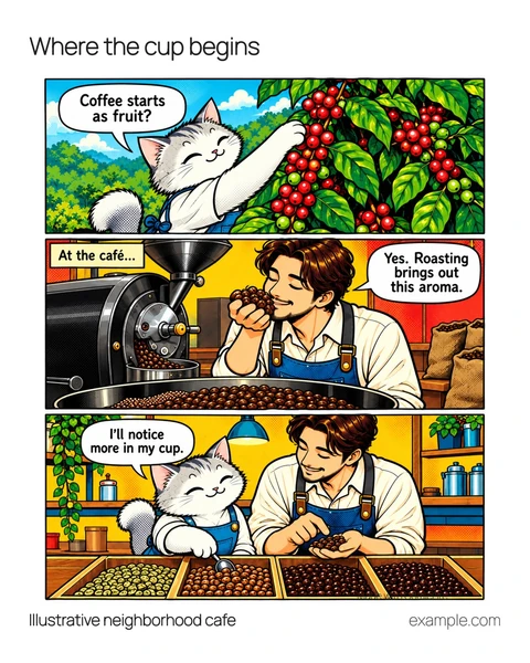 Illustrative 4:5 adaptation: The cat examines coffee cherries on a plant. The owner smells roasted beans. Together they choose beans at the counter. The cat discovers that coffee starts as fruit and notices the aroma of roasted beans.