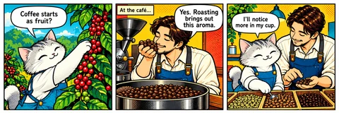 Illustrative comic: The cat examines coffee cherries on a plant. The owner smells roasted beans. Together they choose beans at the counter. The cat discovers that coffee starts as fruit and notices the aroma of roasted beans.