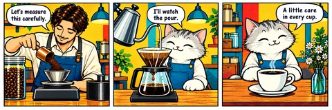 Illustrative comic: The owner measures coffee. The cat watches a careful pour. A finished cup sits on the counter. The owner and cat discuss measuring and pouring with care.