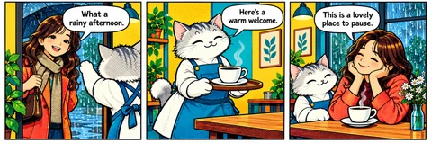 Illustrative comic: A guest arrives with an umbrella on a rainy day. The cat brings a warm cup. The guest smiles beside the window. The cat welcomes a rain-soaked guest with a warm drink and a place to pause.
