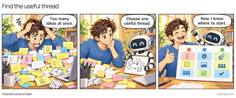 Illustrative framed comic: A creator struggles with a desk of notes. A robot sketches a simpler approach. Together they present an organized board. The robot helps the creator choose one useful thread from too many ideas.