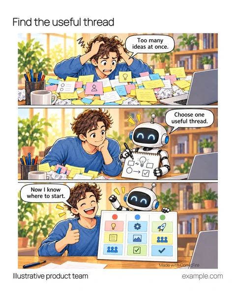 Illustrative 4:5 adaptation: A creator struggles with a desk of notes. A robot sketches a simpler approach. Together they present an organized board. The robot helps the creator choose one useful thread from too many ideas.