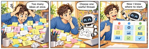 Illustrative comic: A creator struggles with a desk of notes. A robot sketches a simpler approach. Together they present an organized board. The robot helps the creator choose one useful thread from too many ideas.