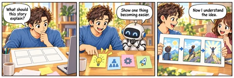 Illustrative comic: The creator considers an empty storyboard, chooses an idea with the robot, and shows a three-panel sequence to a visitor. The robot suggests showing one thing becoming easier; the visitor understands.