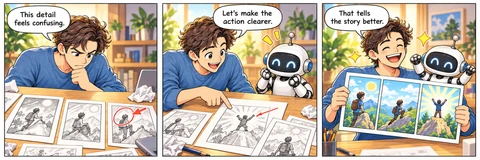 Illustrative comic: The creator compares draft sketches, points to a detail to change, and holds a finished comic beside the robot. The creator identifies a confusing detail and makes the action clearer.