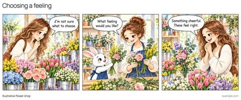 Illustrative framed comic: A guest considers buckets of flowers. The rabbit and florist compare stems and colors. The guest admires the chosen palette. The florist asks about the desired feeling; the guest chooses cheerful flowers.