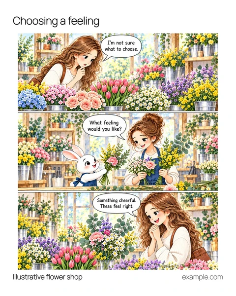 Illustrative 4:5 adaptation: A guest considers buckets of flowers. The rabbit and florist compare stems and colors. The guest admires the chosen palette. The florist asks about the desired feeling; the guest chooses cheerful flowers.