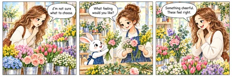 Illustrative comic: A guest considers buckets of flowers. The rabbit and florist compare stems and colors. The guest admires the chosen palette. The florist asks about the desired feeling; the guest chooses cheerful flowers.