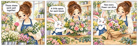 Illustrative comic: The florist selects stems, arranges a bouquet with the rabbit, and presents the wrapped flowers. The florist and rabbit give each bloom space in the arrangement.