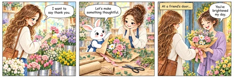 Illustrative comic: A guest chooses flowers, the rabbit helps prepare the gift, and the guest gives the bouquet to a friend at a doorway. The guest gives a thoughtful thank-you bouquet and brightens a friend’s day.