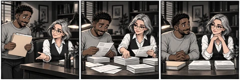 Illustrative comic: The owner arrives with a folder, sorts papers with the detective, and sits down to talk.