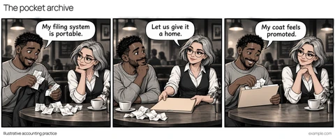 Illustrative framed comic: A quiet cafe table in readable black-and-white noir light. Owner says, “My filing system is portable.” Detective says, “Let us give it a home.” Owner says, “My coat feels promoted.”