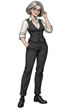Ada, an illustrated mascot: a paperwork detective with a gray bob, round glasses and charcoal waistcoat.