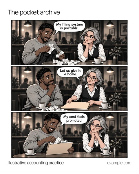 Illustrative 4:5 adaptation: A quiet cafe table in readable black-and-white noir light. Owner says, “My filing system is portable.” Detective says, “Let us give it a home.” Owner says, “My coat feels promoted.”