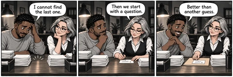 Illustrative comic: A tidy accounting office desk with a lamp and paper trays. Owner says, “I cannot find the last one.” Detective says, “Then we start with a question.” Owner says, “Better than another guess.”