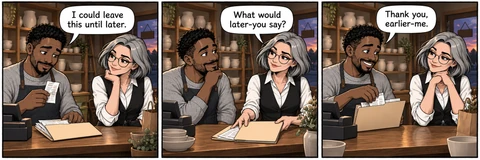 Illustrative comic: The owner small-business counter at closing time, with the imaginary detective beside a folder. Owner says, “I could leave this until later.” Detective says, “What would later-you say?” Owner says, “Thank you, earlier-me.”