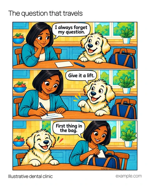 Illustrative 4:5 adaptation: A home kitchen table before the visit. Visitor says, “I always forget my question.” Milo says, “Give it a lift.” Visitor says, “First thing in the bag.”