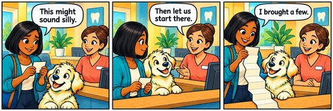 Illustrative comic: The clinic reception desk with a human receptionist in a coral blouse. Visitor says, “This might sound silly.” Receptionist says, “Then let us start there.” Visitor says, “I brought a few.”