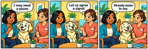 Illustrative comic: A quiet consultation room with ordinary chairs, no instruments. Visitor says, “I may need a pause.” Clinician says, “Let us agree a signal.” Visitor says, “Already easier to say.”