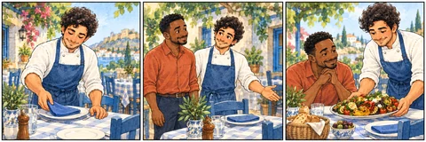 Illustrative comic: The chef arranges a table, welcomes the guest, and brings a platter to the table.