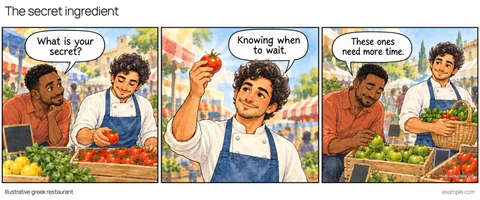 Illustrative framed comic: An outdoor produce market in soft morning light. Guest says, “What is your secret?” Chef says, “Knowing when to wait.” Guest says, “These ones need more time.”
