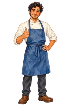 Nico, an illustrated mascot: a chef-host with short dark curls, a cream jacket and blue apron.