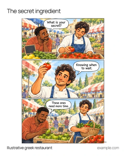 Illustrative 4:5 adaptation: An outdoor produce market in soft morning light. Guest says, “What is your secret?” Chef says, “Knowing when to wait.” Guest says, “These ones need more time.”