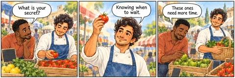 Illustrative comic: An outdoor produce market in soft morning light. Guest says, “What is your secret?” Chef says, “Knowing when to wait.” Guest says, “These ones need more time.”