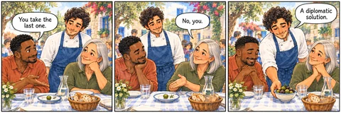 Illustrative comic: A busy but uncluttered restaurant courtyard table at lunchtime. Guest says, “You take the last one.” Friend says, “No, you.” Chef says, “A diplomatic solution.”