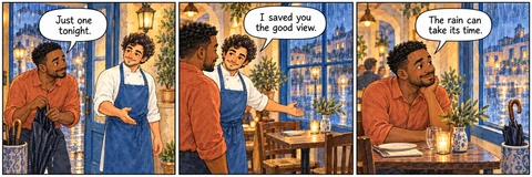 Illustrative comic: The restaurant doorway on a rainy evening, then a window table. Guest says, “Just one tonight.” Chef says, “I saved you the good view.” Guest says, “The rain can take its time.”