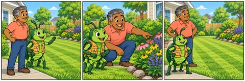 Illustrative comic: The beetle surveys the lawn, discusses a flower border with the homeowner, and leaves the garden tidy.