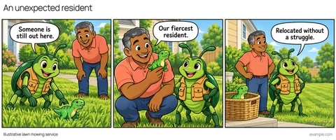 Illustrative framed comic: A front lawn with a path and a child toy dinosaur; no children or running machinery. Beetle says, “Someone is still out here.” Homeowner says, “Our fiercest resident.” Beetle says, “Relocated without a struggle.”