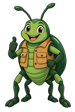 Bert, an illustrated mascot: a green beetle with a dark-green shell and ochre work vest.