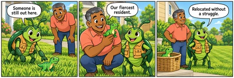 Illustrative comic: A front lawn with a path and a child toy dinosaur; no children or running machinery. Beetle says, “Someone is still out here.” Homeowner says, “Our fiercest resident.” Beetle says, “Relocated without a struggle.”