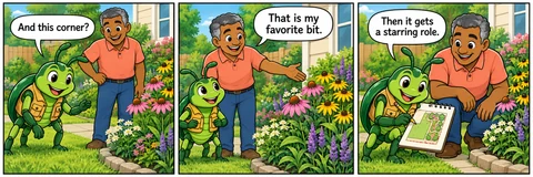 Illustrative comic: A back-garden flower border beside a narrow lawn path. Beetle says, “And this corner?” Homeowner says, “That is my favorite bit.” Beetle says, “Then it gets a starring role.”