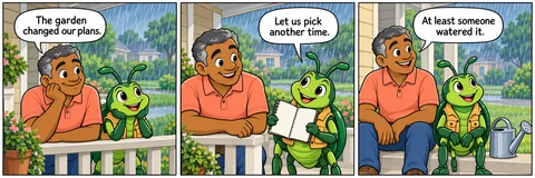 Illustrative comic: A covered front porch during rain; parked equipment remains off-screen. Homeowner says, “The garden changed our plans.” Beetle says, “Let us pick another time.” Homeowner says, “At least someone watered it.”