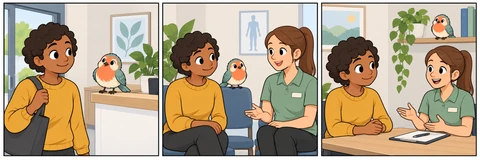 Illustrative comic: Pip accompanies a visitor into the clinic, meets the clinician, and settles beside a friendly conversation.