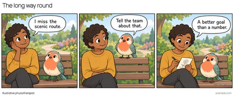 Illustrative framed comic: A park bench beside a garden path; no exercise demonstration. Visitor says, “I miss the scenic route.” Pip says, “Tell the team about that.” Visitor says, “A better goal than a number.”